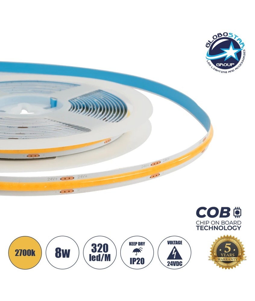 GLOBOSTAR® BEE 70361 Ταινία LED 8W-m 720lm-m 120° DC 24V IP20 320 x COB Chip-m Θερμό Λευκό 2700K Dimmable - Sanan COB Chip - Μ500 x Π0.8 x Υ0.2cm - Ρολό 5 Μέτρων - 5 Χρόνια Εγγύηση